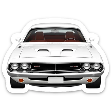 Structurally accurate white 1971 Dodge Challenger from Death Proof, perfect three-quarter perspective at 30 degrees, consistent proportions, detailed front end and side profile, all white, iOS emoji style sticker