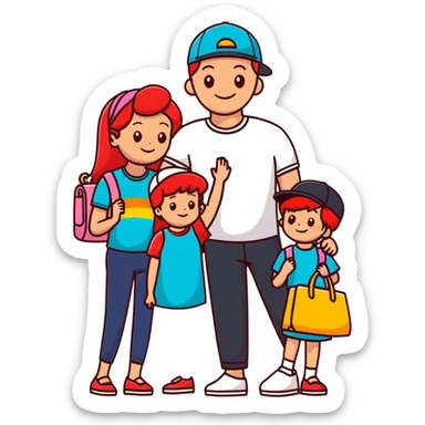 A happy family of four - father in white t-shirt and cap, mother with red hair in coral dress, young daughter in matching dress with rainbow handbag, teenage son in light embroidered shirt, all smiling together sticker