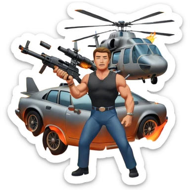 Icon for Action Movies: Arnold Schwarzenegger in the lead role, in an intense action pose with weapons, explosions, a car and helicopter flying out of flames in the background. The design should capture the explosive energy and heroism of classic action films. Transparent background. sticker