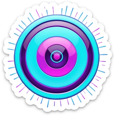 Futuristic glowing bullseye target emoji, neon purple and cyan holographic glow, dark background, digital tech style, abstract sparkles, no face. sticker