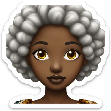 An African girl with a thick dark brown afro in an African print dress and has beautiful big lips with gloss sticker