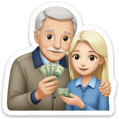 Kind elderly grandfather with gray hair giving money to a pretty blonde young woman who needs financial help, supportive family moment sticker