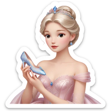 Cinematic Realistic Cinderella Portrait, depicted with lifelike skin texture, subtle rosy undertones, and soft natural lighting that enhances the gentle contours of her face. Her intricately detailed golden blonde hair is elegantly styled in an updo, with delicate wisps framing her face. Her deep, expressive blue eyes radiate warmth and sincerity, reflecting a quiet resilience and grace. She holds a glass slipper gently in one hand, her other hand resting gracefully at her side, emphasizing the timeless beauty of the moment. She is dressed in her iconic ball gown, the fabric shimmering with intricate embroidery and fine translucent layers that catch the light beautifully. The soft sheen of satin gloves adds a magical touch to her graceful pose. The portrait features an enchanting glow with a natural, luminous finish, seamlessly blending realism and fairytale charm to evoke a sense of depth, elegance, and timeless beauty. sticker