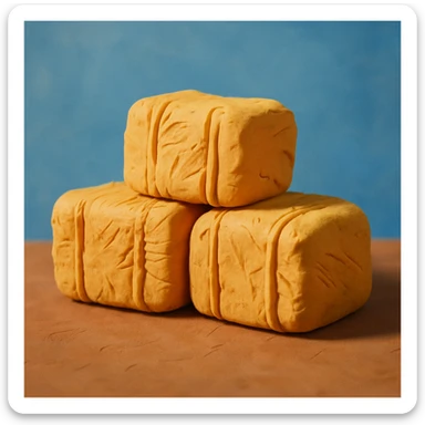 stacked hay bales with a blue sky background, playful and colorful, claymation style sticker