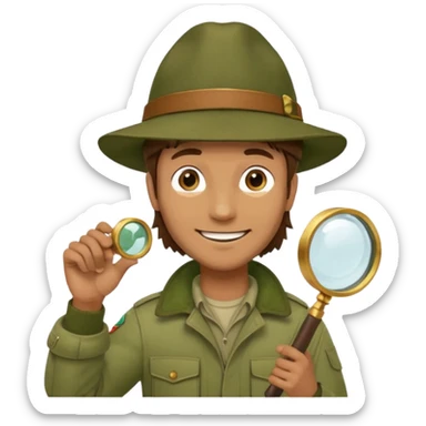  man with brown hair in beige moss green explorer outfit, hat, holding magnifying glass, smile sticker