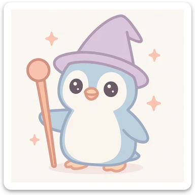 a penguin dressed as a wizard, with a pointy hat and a magic staff, in a fun and whimsical style sticker