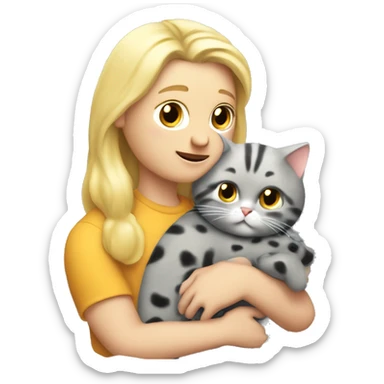 3 objects - a beautiful blonde with long hair and a polka-dotted dress, a bald handsome man in a cap and a rock T-shirt and a fat gray cat with black spots. The man hugs the blonde and holds the cat in his hands sticker