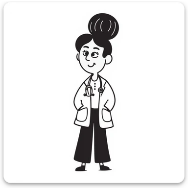 Female doctor with a different hairstyle, hand-drawn doodle style, wearing a white coat and stethoscope, cheerful expression. Maintain the hand-drawn doodle style and medical theme. sticker