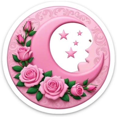 A round pink button with a crescent damask moon and pink roses in the center sticker
