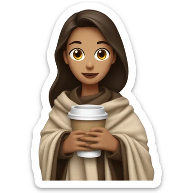 brunette girl holding a coffee, wrapped in a blanket sticker