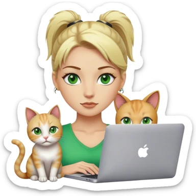 Blonde woman ponytail green eyes with cat and MacBook sticker