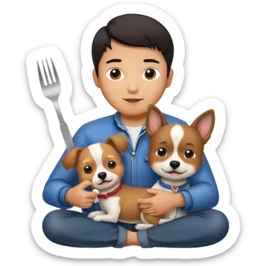 Make an Asian man with a cute dog on his play while the Asian man has a fork and knife in hand sticker