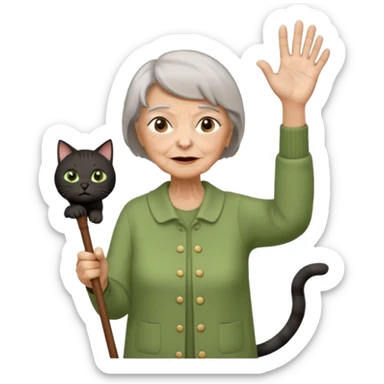 A grouchy old lady with a wooden cane in her hand waving it in the air shouting out "Stay Off My Lawn!" Hair Is short brown with some grey in it eyes are brown also  a pure black cat with big green eyes sitting on her left shoulder. The cat has her left paw up sticker