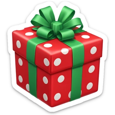 A red gift tied with a green ribbon in a white polka dot, sticker
