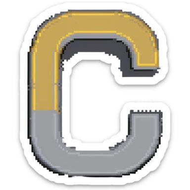 Pixelated letter C in various shades of gray, with golden pixel halo above it, 8-bit style sticker