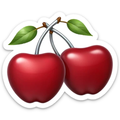 A pair of cherries emoji made of polished silver chrome, smooth rounded shapes, glossy metallic finish, soft highlights and reflections, cute proportions, iOS emoji style, centered, clean white background, no text sticker