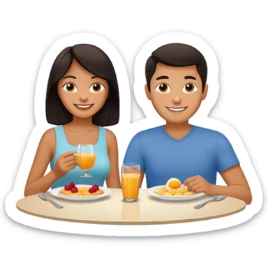 pon una pareja desayunando sedayuno de hotel pareja de pelo moreno sticker