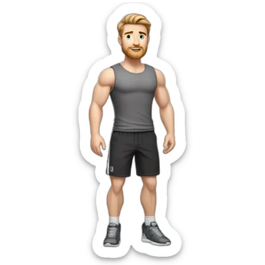 Full height Pale skinned fit man With biceps, Realistic eyes and mouth, light brown hair and stubble In dark gray sleeveless mike, black oversize sports shorts, watch and white sneakers. sticker