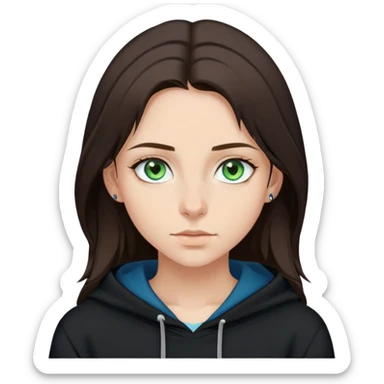 girl with green blue eyes shoulder length medium to dark brown hair, nose ring, wearing a black hoodie, pretty sticker