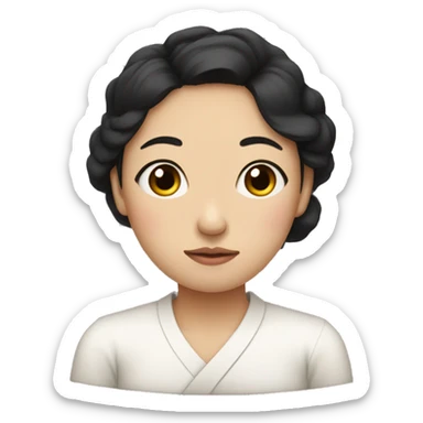 A Korean woman in her 30s with a difficult and very sad expression, mother, black hair, arms crossed sticker