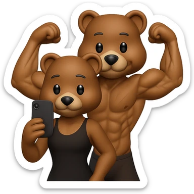 Edit the two muscle bears in a 3D apple emoji style. The bear in front should have a female shape that is slimmer, more athletic, and without a hat. The bear behind should have a male shape doing a double biceps pose, with more muscle separation and visible veins, showing low body fat. Both bears should look strong, natural, affectionate, and cute. Keep the same pose as before. Remove the background. The style should resemble 3D apple emojis as closely as possible. sticker
