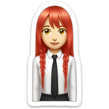 (gril) makima with long straight red or pink hair fringe, yellow eyes with a circle inside and a white shirt with long sleeve and black tie sticker