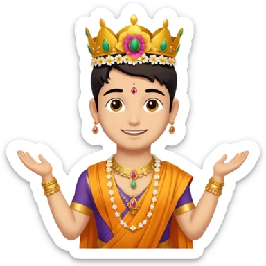Brahmin boy is thanking to the bharatanatyam dancer. She is in lordess padmavati with golden crown and giant flower garland on her neck. The girl is fat and tall the boy is small. sticker