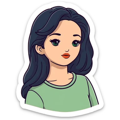 european girl with long black hair, long eyelashes, terracotta lips, light green top sticker