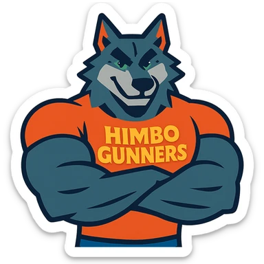 very muscular wolf furry with huge arms and chest, wearing a t-shirt with 'Himbo gunners', arms crossed sticker