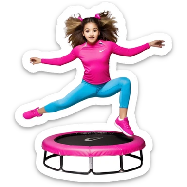 Mujer joven con cola alta y pelo marrón, saltando sobre un mini trampolín negro con bordes neón. Lleva top fucsia, calzas negras y zapatillas blancas. Brazos abiertos, rodillas flexionadas y expresión alegre, en pleno salto con líneas de movimiento.
 sticker