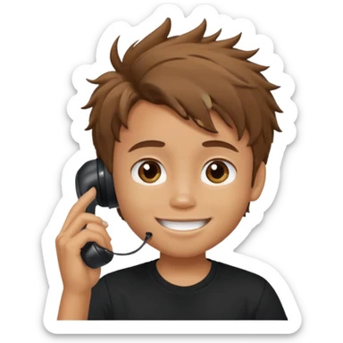 generate a pretty tan bratz boy with brown messy hair smiling while talking on call. Wearing a black tshirt sticker