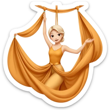 Emoji estilo ilustración de una mujer practicando danza aérea en tela, colgada en telas de seda, expresión feliz, estilo emoji moderno, colores suaves, fondo simple sticker