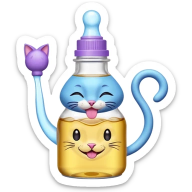 Smiling bottle of oil light purple top and light blue sticking tongue out and with cat ears sticker
