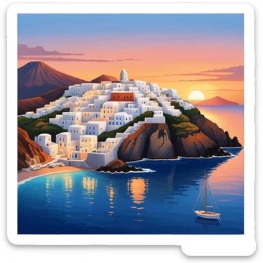 Cinematic Realistic Santorini Caldera Landmark Emoji, featuring white-washed buildings perched on volcanic cliffs, overlooking the deep blue Aegean Sea, with warm sunset hues illuminating the sky and reflecting off the water. sticker