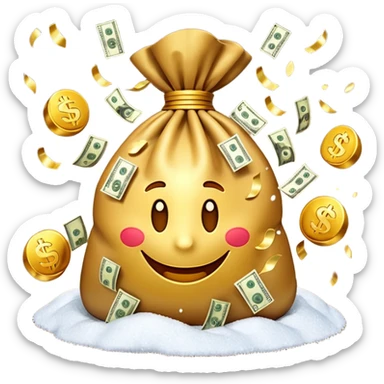 3D emoji style, money bag with dollar bills, New Year theme, snow particles, festive lighting, rich vibe, high detail, transparent background

 sticker