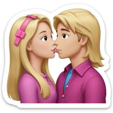 “Girl with long blonde hair and pink clip” kissing “boy with brown hair”  sticker