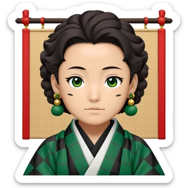 Tanjiro Kamado from Demon Slayer with black and green checkered haori and hanafuda earrings sticker