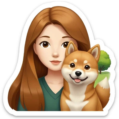 girl long brown hair with shiba inu outdoors sticker