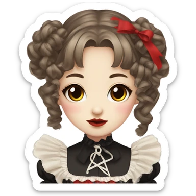 Japanese pale woman with brown curly pigtails and bangs, red lips and eyeshadow, long eyelashes, brown eyes, red Lolita dress with laces and ribbons, gothic Lolita doll look sticker
