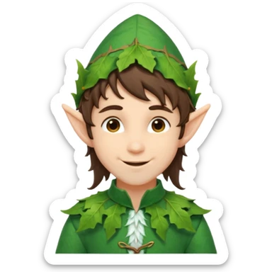 handsome elf with messy brunette hair wearing a leafy outfit and smile confidently sticker