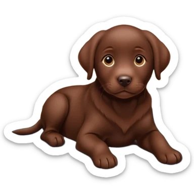 A chocolate Labrador Retriever puppy lying on a cozy carpet indoors, looking curious. Warm indoor light, realistic fur detail, shallow depth of field. sticker