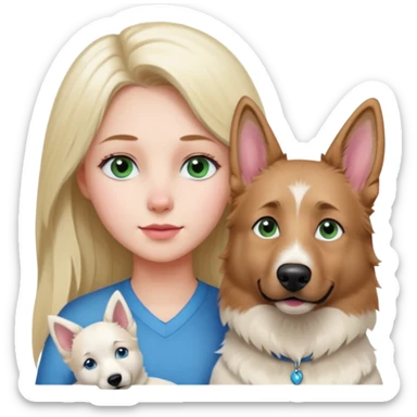 White European young woman with blue-green eyes and long blond hair with her white German Shepherd dog,the Dog has a pink nose and short fur  and Brown eyes sticker