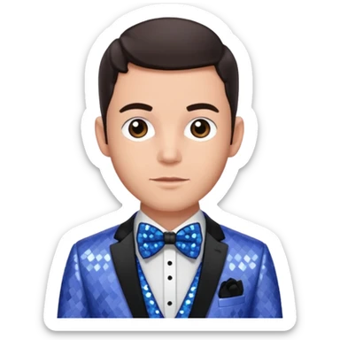 Jonathan Bailey with dark brown hair, periwinkle sequin suit with bow tie sticker