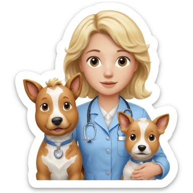 Joven mujer, de cabello bajo los hombros rubio con ondas, veterinaria de perros, vacas y caballos, con traje clínico celeste, sin delantal blanco sticker
