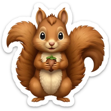 cute brown squirrel sitting upright holding an acorn sticker