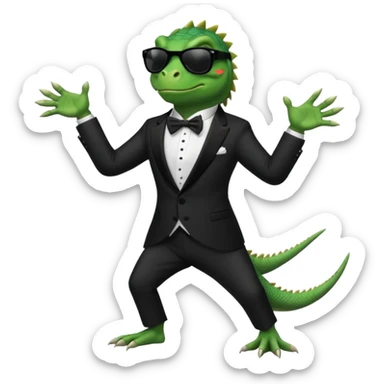 capitalist iguana banker in tuxedo and black sunglasses dancing sticker