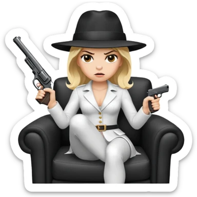 Mafia blondes angry woman in hat , gun ,black armchair , white costume  sticker