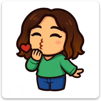 Sticker style chibi emote, matching the attached green heart emote as a base. Woman from reference, mint green sweater and blue jeans, blowing a kiss, cute flirty face, no headband, no wand, transparent background. Top color should not match jeans. sticker