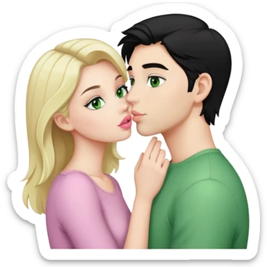 A blonde girl with fair skin and green eyes and light pink lips a guy with black hair and fair skin and green eyes are kissing sticker