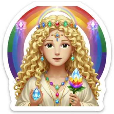 a being made of light pleidian nordic long faces and curly huge thick blond hair but beautiful features of light wearing jewels and a rainbow halo like a saint arount her a robe on made of light and gem  transparent belly dancer and who is lanky holding a bouquet of crystal flowers on rainbow fire sticker